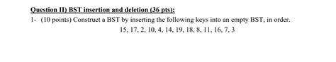 Solved Question II) BST insertion and deletion (36 pts): 1- | Chegg.com