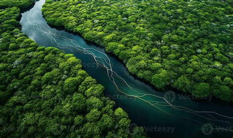 aerial view of a river delta featuring lush green vegetation and ...