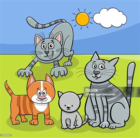 Cats Animal Characters In The Meadow Cartoon Illustration Stock Illustration - Download Image ...