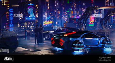 Futuristic Cyberpunk Night City Scene. 3D illustration Stock Photo - Alamy