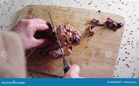 A Chef is Dicing Char Siew To Make Char Siu Bao Filling Stock Video ...