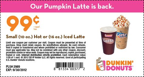 Dunkin Donuts: $.99 Latte Printable Coupon