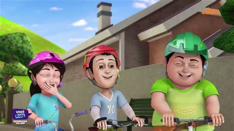 three cartoon people riding bikes in front of a house