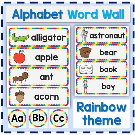 an alphabet word wall with pictures of animals, letters and words in rainbow colors on it