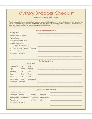 Fillable Online Mystery Shopper Checklist - Veterinary Team Brief Fax ...