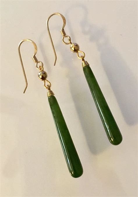 Genuine Jade Earrings, Long Jade Earrings, Elegant Jade and Gold Smooth Drop Earrings, Jade and ...