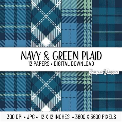 Navy and Green Plaid Digital Paper Pack Digital Plaid Paper - Etsy