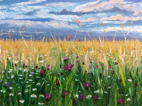 Meadow Painting Wheat Original Art Flower Wall Art Canvas | Etsy