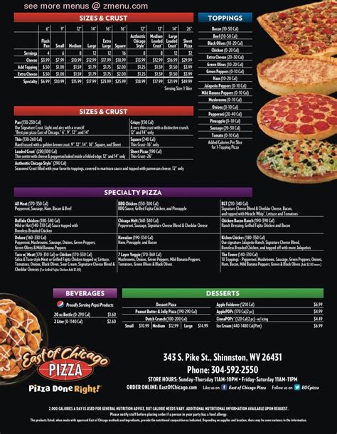 Online Menu of East of Chicago Pizza Restaurant, Shinnston, West ...