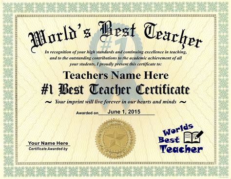 Buy Worlds Best Teacher Certificate Award - Custom Printed by us with Any Name & Date - 8.5 by ...