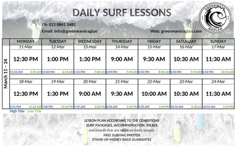 Surf Lesson Schedule - Surf the Best Tides | Green Wave Raglan