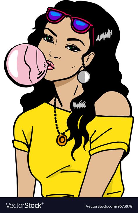 Beautiful girl blowing bubble from chewing gum Vector Image