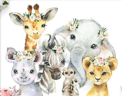 a group of animals with flowers on their heads and in front of a white background