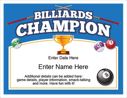 Billiards Champion Certificate - Free Award Certificates