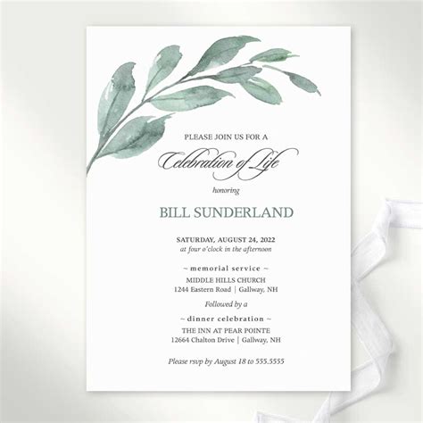 Greenery Invitation for a Celebration of Life Or Funeral Memorial