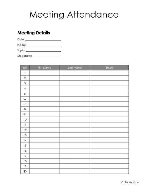 Meeting Attendance Sheet Template