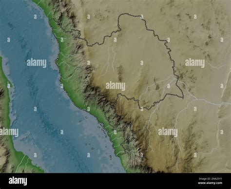 Makkah al Mukarramah, region of Saudi Arabia. Elevation map colored in wiki style with lakes and ...