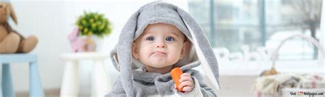 Bunny costume cute baby eating carrot 4K wallpaper download