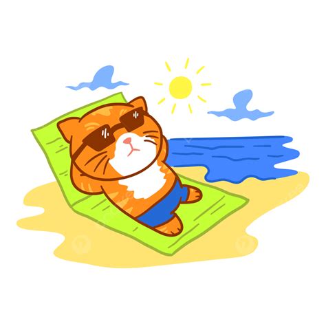 Cute Cat Sunbathing On The Beach Illustration Design, Paint, Beach, Design PNG and Vector with ...