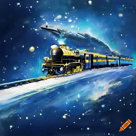 Painting of a steam train flying through space on Craiyon