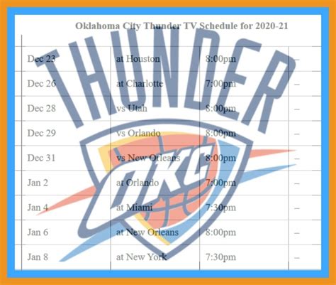 Printable Oklahoma City Thunder schedule (and TV schedule) for 2020-21 season - Interbasket