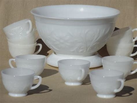 vintage milk glass punch bowl & cups set, Anchor Hocking sandwich pattern glass