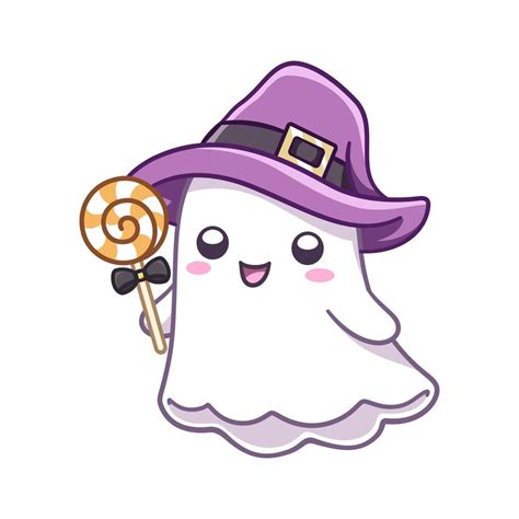 Cute ghost wearing witch hat costume holding candy vector illustration ...