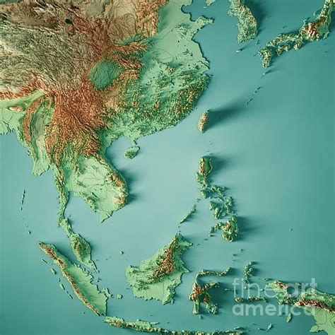 East Asia 3D Render Topographic Map Color Greeting Card for Sale by ...