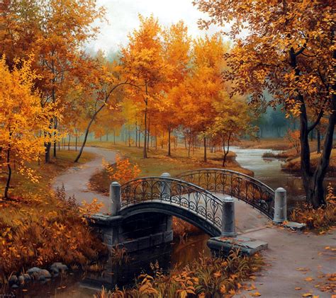 Autumn Serenity: A Vibrant Park Pathway by the Stream