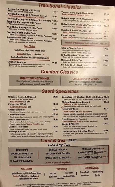 The Chateau Restaurant Braintree menu in Braintree, Massachusetts, USA