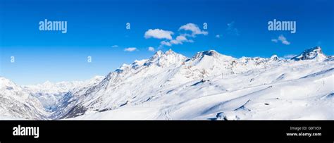 Panorama view of the Pennine Alps on the Italian-Swiss border near Zermatt, Switzerland. A ...