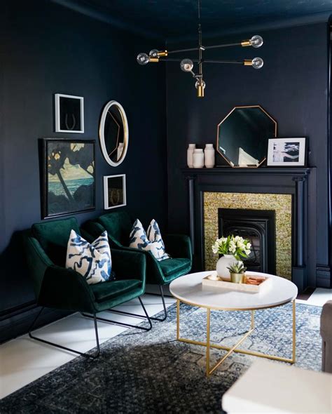 Green Velvet Chairs And Dark Blue Moody Walls. One Room Challenge | Living room green, Modern ...