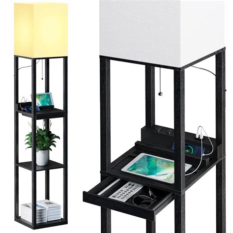 SUNMORY Black Modern Floor Lamp with Shelves, Dimmable Solid Wood Standing Lamp Both with One ...