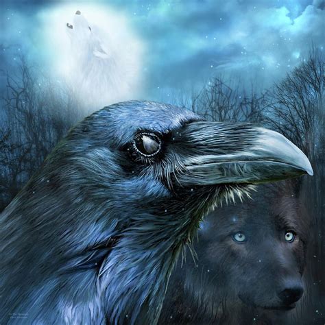 Raven And Wolf - In The Moonlight Mixed Media by Carol Cavalaris ...