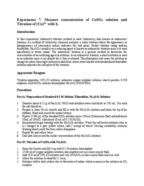 (DOC) Experiment 7: Measure concentration of CuSO 4 solution and Titration of [Cu] 2+ with I 2