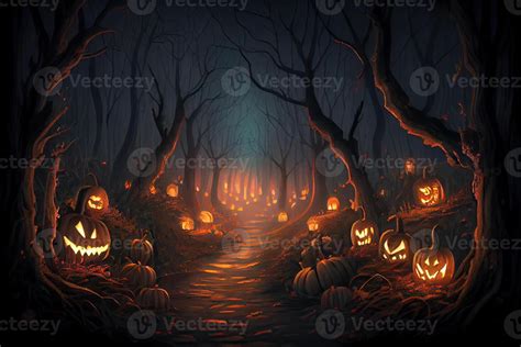 Halloween background. Spooky pumpkin with moon and dark forest. Halloween design with copyspace ...