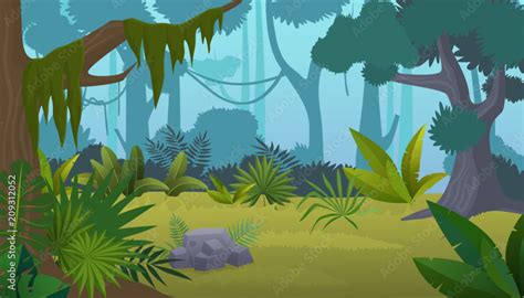 Vector cartoon empty tropical rainforest Jungle background. Stock ...