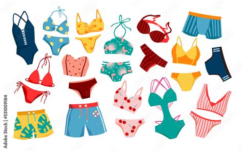 Swimsuit set vector illustration. Cartoon isolated swimwear fashion for man and woman, bikini ...