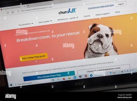 Churchill Insurance Company website on a laptop computer, UK, with bulldog mascot. Vehicle ...