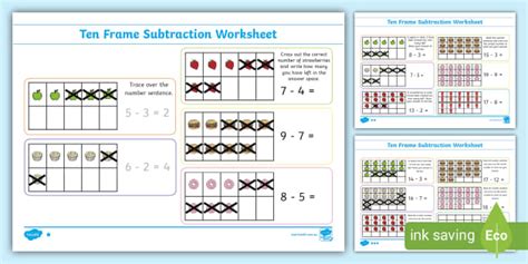 10 Frame Subtraction Worksheet (teacher made) - Twinkl