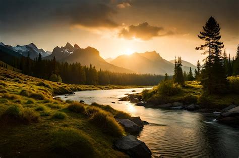 Premium AI Image | sunset over a mountain river