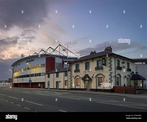 Street view of Wrexham football stadium known as the Racecourse Ground ...