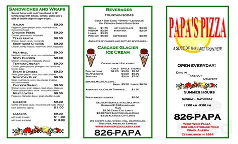 Papa's Pizza menu in Craig, Alaska, USA