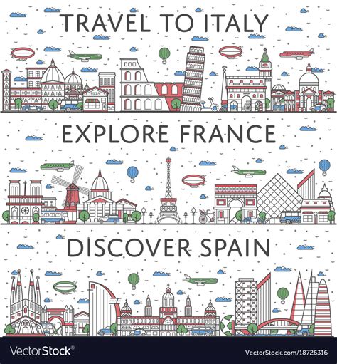 European traveling posters in linear style Vector Image