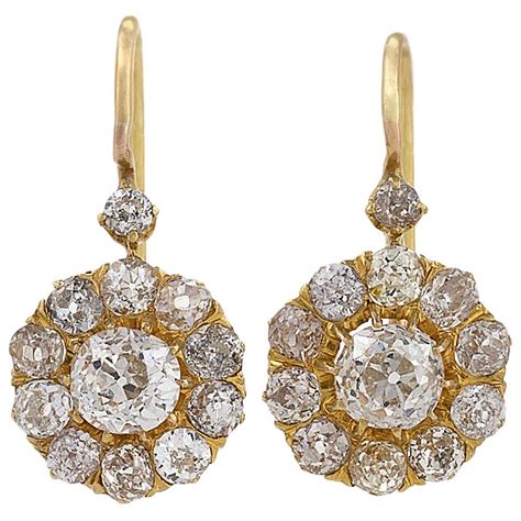 Antique Old Mine-Cut Diamond Gold Cluster Earrings at 1stDibs