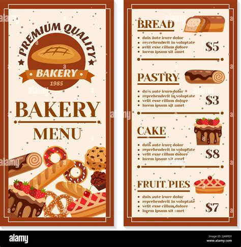 Bakery menu design with year of foundation at cover and product price list isolated vector ...