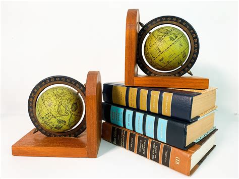 Vintage Wood Globe Bookends / Retro Library Home Decor Pair Matching Green World Globes on ...