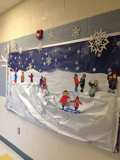 Winter bulletin board. Snow scene Using childrens pictures we took as posed photos all dress ...