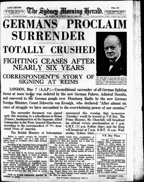 Australian newspaper front page from May 8, 1945: "Germans Proclaim ...