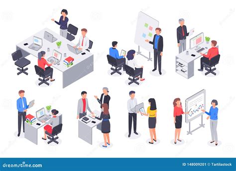 Isometric Business Office Team. Corporate Teamwork Meeting, Employee Workplace and People Work ...